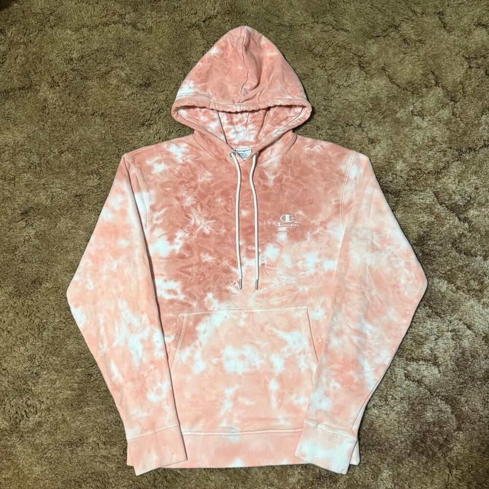 Champion Small Logo Tie Dye Hoodie Pink Small